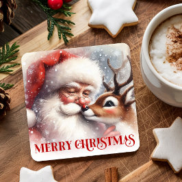 Posavasos Cuadrado De Papel Watercolor Santa Rudolph Xmas Coaster for Kids Art