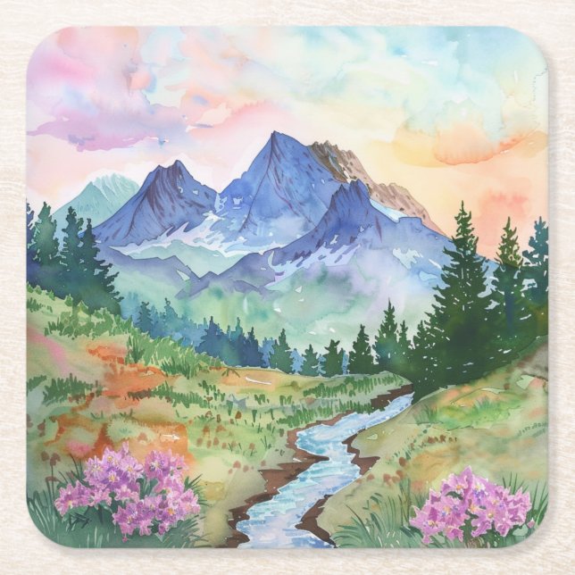 Posavasos Cuadrado De Papel Watercolor Summer Mountain (Anverso)