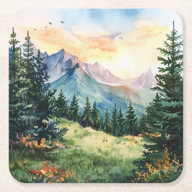 Posavasos Cuadrado De Papel Watercolor Summer Mountain (Anverso)