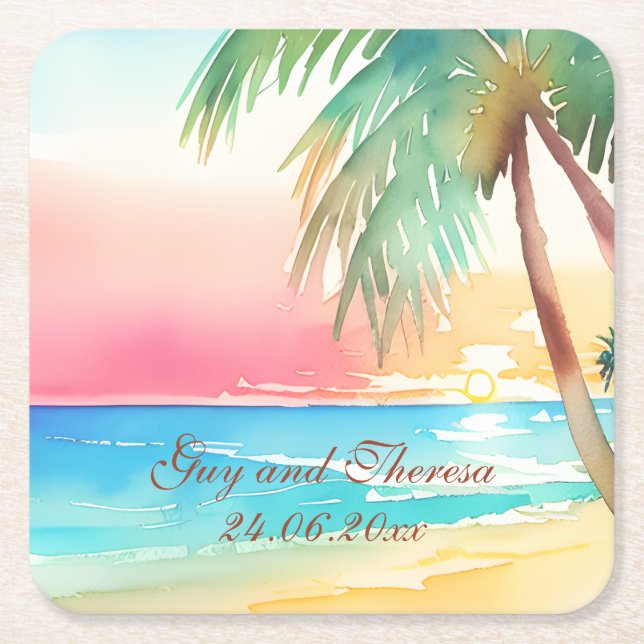 Posavasos Cuadrado De Papel Watercolor Tropical Beach Wedding (Anverso)