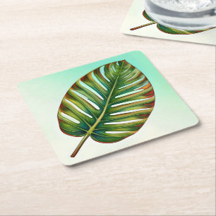Posavasos Cuadrado De Papel Watercolor Verde Verde azulado Amarillo Rojo Hoja 