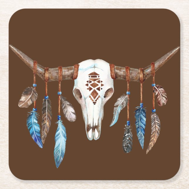 Posavasos Cuadrado De Papel Watercolor Western Skull con plumas (Anverso)