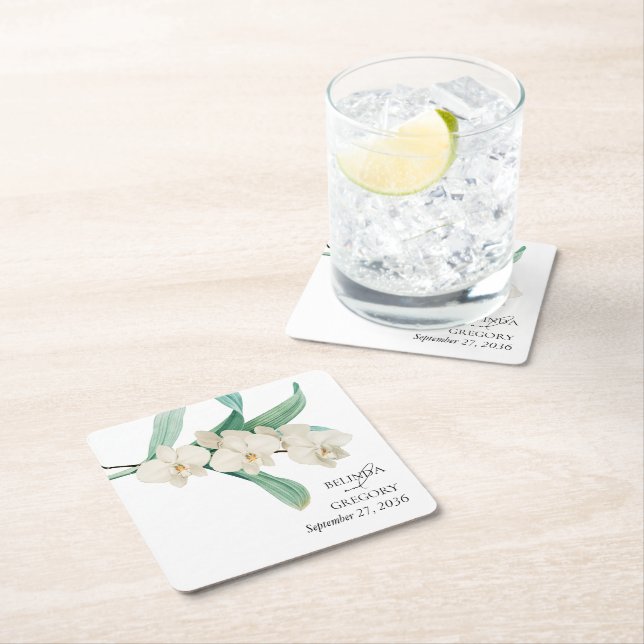Posavasos Cuadrado De Papel Watercolor White Orchids Floral Wedding Favor (In situ)