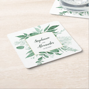 Posavasos Cuadrado De Papel Watercolor Wild Leaves Hunter Green Boda