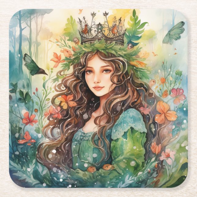 Posavasos Cuadrado De Papel Watercolour Forest Princess (Anverso)