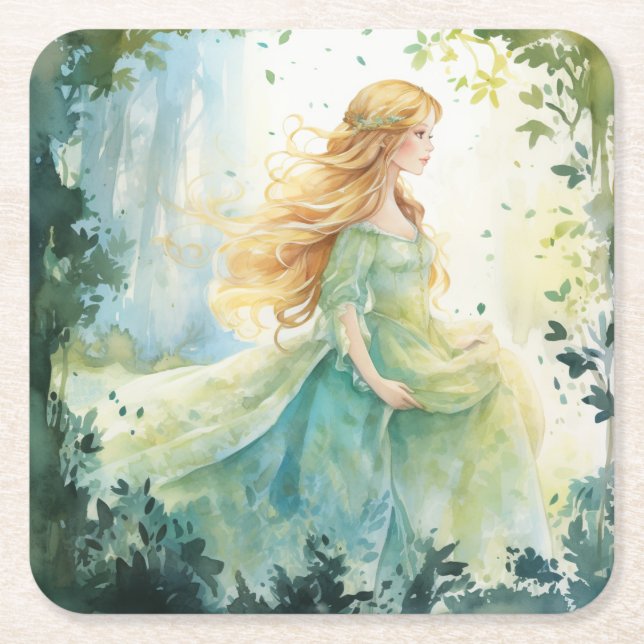 Posavasos Cuadrado De Papel Watercolour Forest Princess (Anverso)