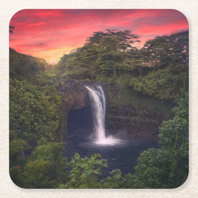 Posavasos Cuadrado De Papel Waterfalls | Rainbow Falls, Hilo, Hawaii (Anverso)