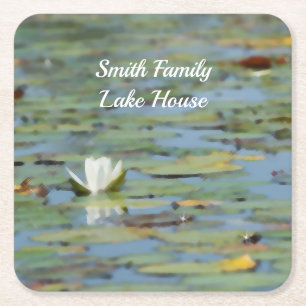 Posavasos Cuadrado De Papel Waterlily Lake Flower Watercolor Papel de montaña
