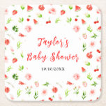 Posavasos Cuadrado De Papel Watermelon and Pomegranate Baby Shower<br><div class="desc">This beautiful and elegant coaster features watercolor watermelon,  pomegranate,  strawberries,  cherries and foliage. The text combines handwritten script and serif fonts for a stylish and modern look. This is perfect for a spring or summer rustic baby shower.</div>