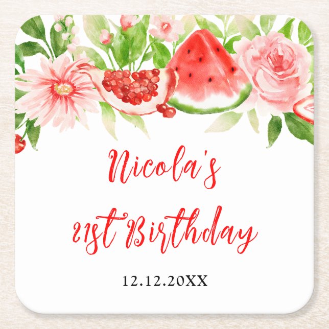 Posavasos Cuadrado De Papel Watermelon and Pomegranate Birthday (Anverso)