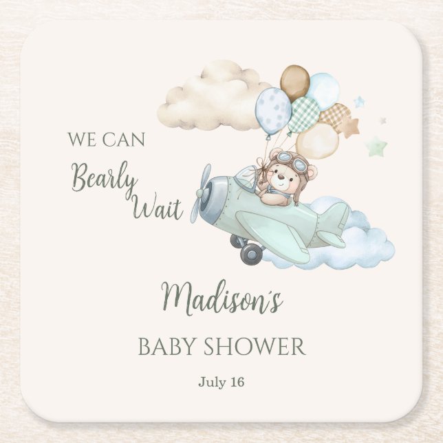 Posavasos Cuadrado De Papel We Can Bearly Wait Teddy Bear Airplane Boy Baby (Anverso)