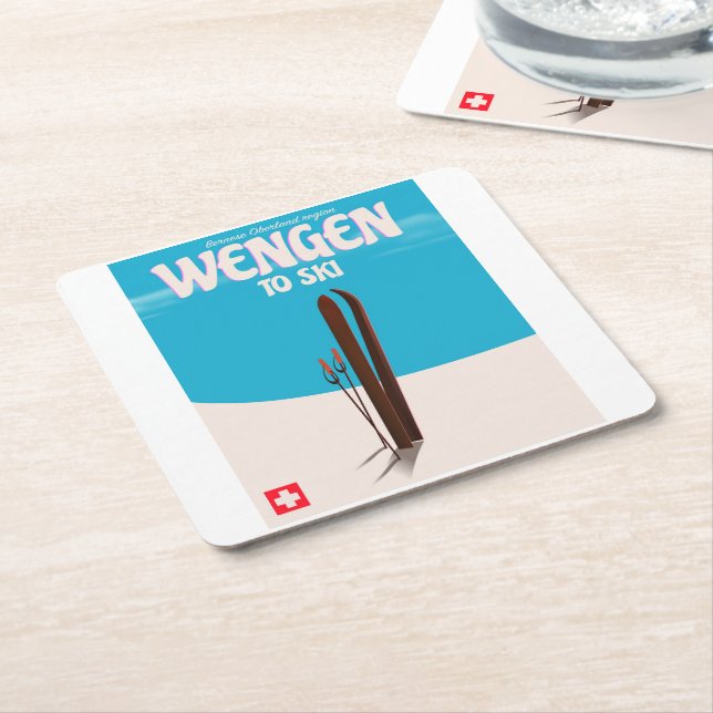 Posavasos Cuadrado De Papel Wengen, Suiza, Poster de esquí (En perspectiva)