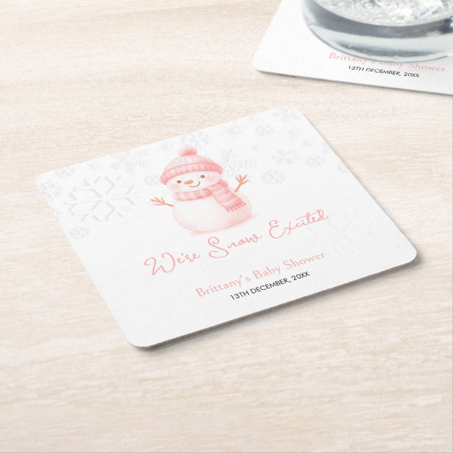 Posavasos Cuadrado De Papel We're Snow Excited Snowmen Girl Baby Shower (En perspectiva)