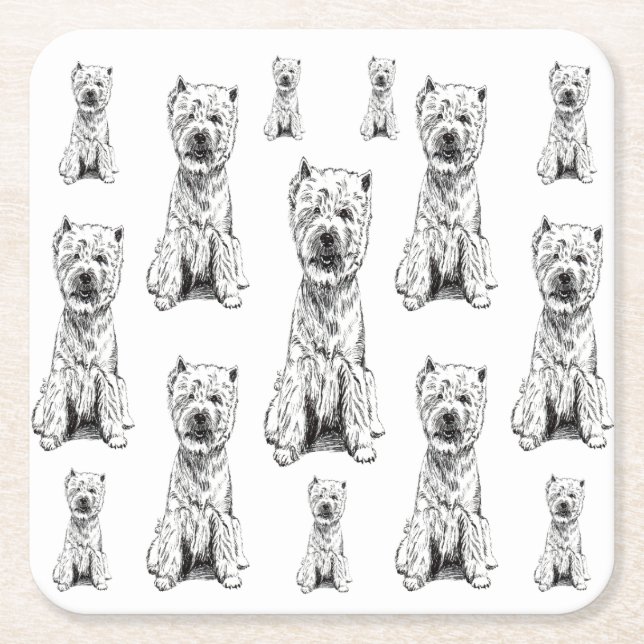 POSAVASOS CUADRADO DE PAPEL WEST HIGHLAND WHITE TERRIER. "WESTY" PATTERN (Anverso)