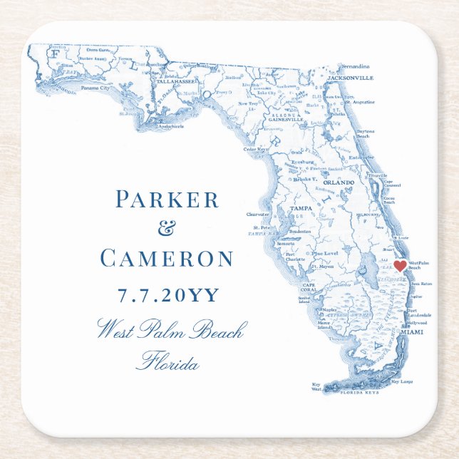 Posavasos Cuadrado De Papel West Palm Beach Florida Mapa Elegante Boda (Anverso)