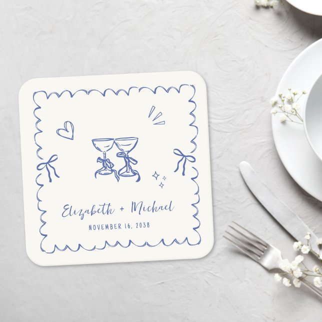 Posavasos Cuadrado De Papel Whimsical Blue Wavy Frame Cream Wedding (Whimsical Blue Wavy Frame Cream Wedding Square Paper Coaster)