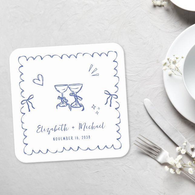 Posavasos Cuadrado De Papel Whimsical Blue Wavy Frame Wedding (Whimsical Blue Wavy Frame Wedding Square Paper Coaster)