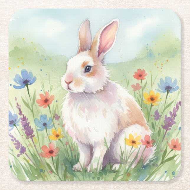Posavasos Cuadrado De Papel Whimsical Easter Bunny Spring coaster square (Anverso)