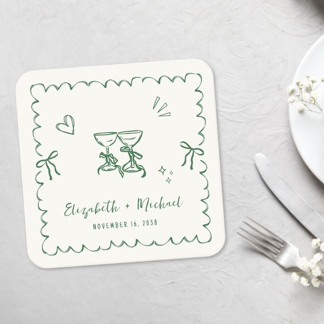 Posavasos Cuadrado De Papel Whimsical Green Wavy Frame Cream Wedding (Whimsical Green Wavy Frame Cream Wedding Square Paper Coaster)