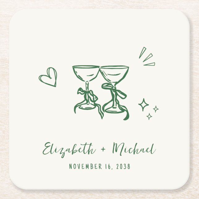 Posavasos Cuadrado De Papel Whimsical Hand Drawn Green Cream Wedding (Anverso)