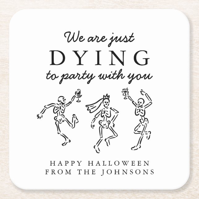 Posavasos Cuadrado De Papel Whimsical Hand Drawn Skeletons Halloween Party (Anverso)