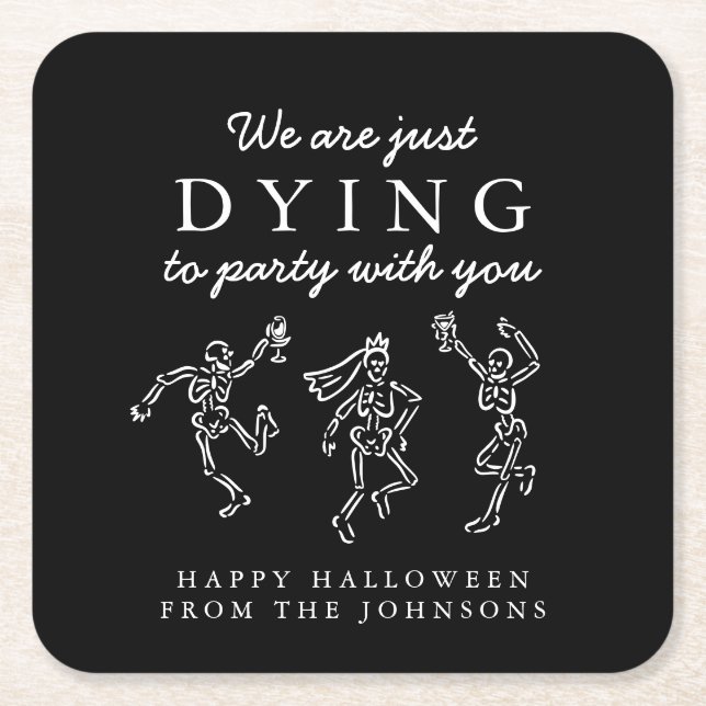 Posavasos Cuadrado De Papel Whimsical Hand Drawn Skeletons Halloween Party (Anverso)