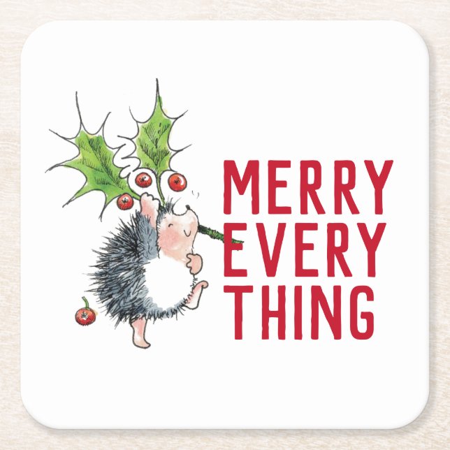 Posavasos Cuadrado De Papel Whimsical Hedgehog Merry Everything Navidades (Anverso)