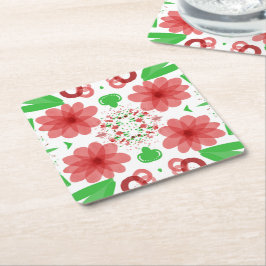 Posavasos Cuadrado De Papel Whimsical Red Flowers Green Leaves On White Art 
