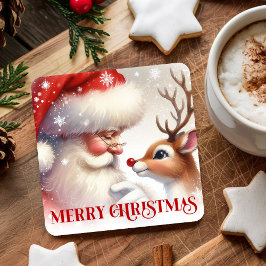 Posavasos Cuadrado De Papel Whimsical Santa Claus Rudolph Holiday Paper Coaste