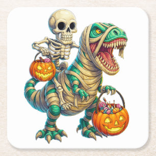 Posavasos Cuadrado De Papel Whimsical Skeleton Riding Mummy T-Rex Halloween