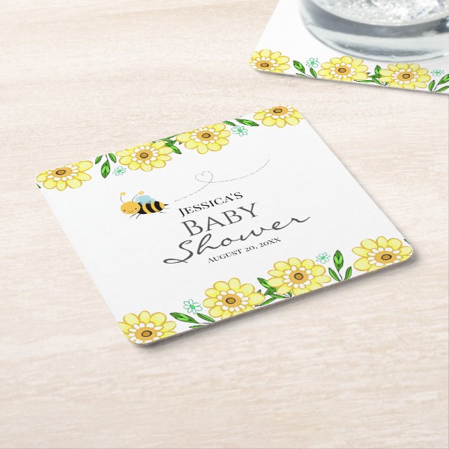 Posavasos Cuadrado De Papel Whimsical Sweet Honey Bee Baby Shower (En perspectiva)