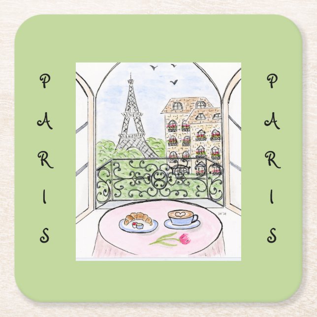 Posavasos Cuadrado De Papel Whimsical Watercolor Paris Eiffel Tower (Anverso)