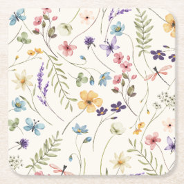 Posavasos Cuadrado De Papel Whimsical Wildflowers Meadow Wedding
