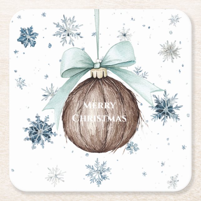 Posavasos Cuadrado De Papel White Blue Snowflakes Christmas Coconut Bow (Anverso)