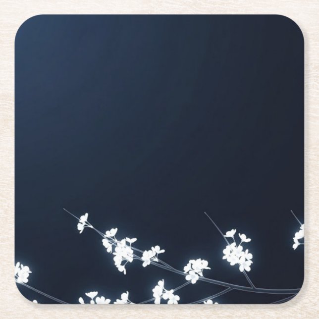 Posavasos Cuadrado De Papel White Cherry Blossom Navy Background (Anverso)