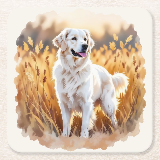 Posavasos Cuadrado De Papel White Golden Retriever Dog (Anverso)