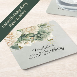 Posavasos Cuadrado De Papel White Sage Green Floral Gold 80 cumpleaños