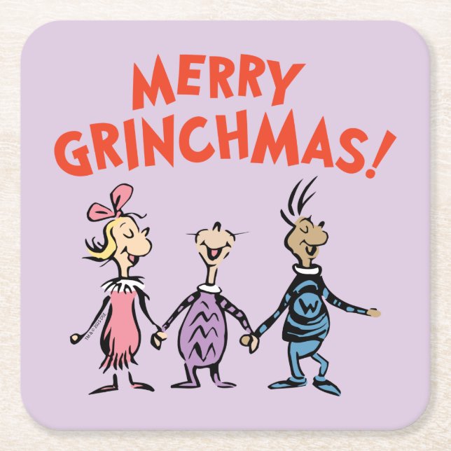 Posavasos Cuadrado De Papel Whos Holding Hands Merry Grinchmas (Anverso)