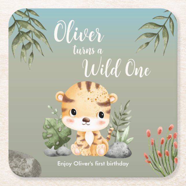 Posavasos Cuadrado De Papel Wild One Safari Animals Cute Tiger 1st Birthday (Anverso)