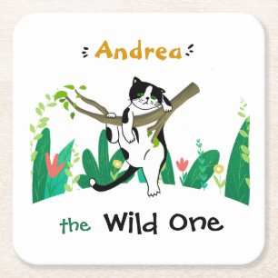 Posavasos Cuadrado De Papel Wild One Tuxedo Kitty Kids 1er cumpleaños