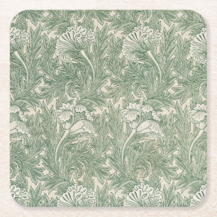 Posavasos Cuadrado De Papel William Morris Verde Salvia Estampado de Tulipán: