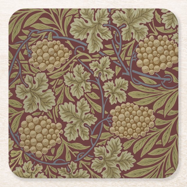 Posavasos Cuadrado De Papel William Morris Vine Grape Red Green Art (Anverso)