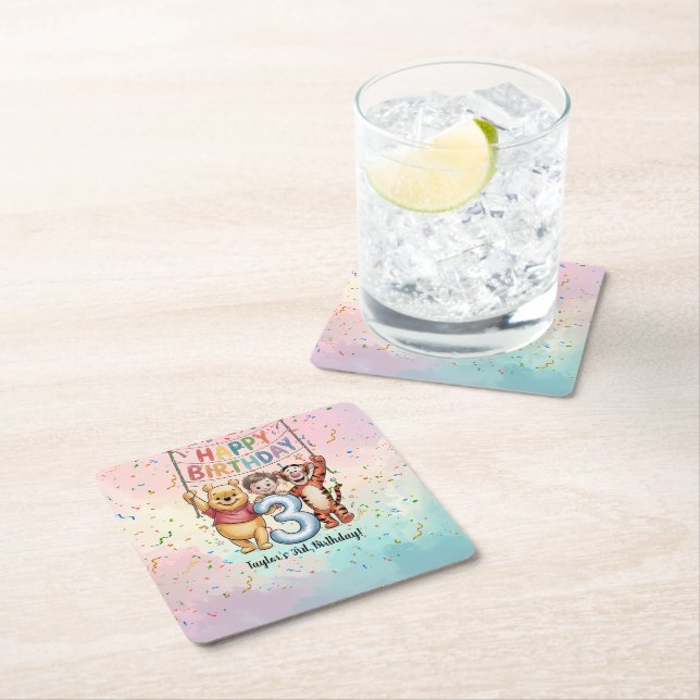 Posavasos Cuadrado De Papel Winnie the Pooh | Happy Birthday (In situ)