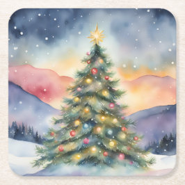 Posavasos Cuadrado De Papel Winter Christmas Tree Snowy Sunset Scenery