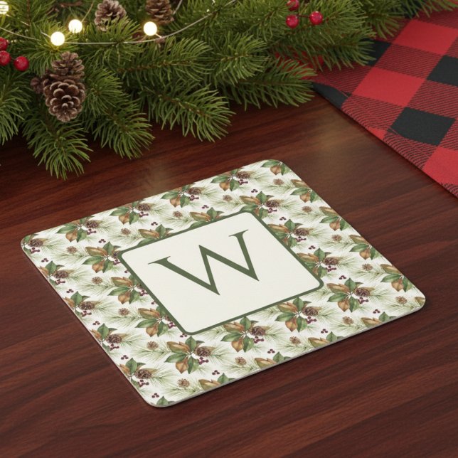 Posavasos Cuadrado De Papel Winter Evergreen Pinecone Botanical Monogram (Holiday monogram drink coaster)