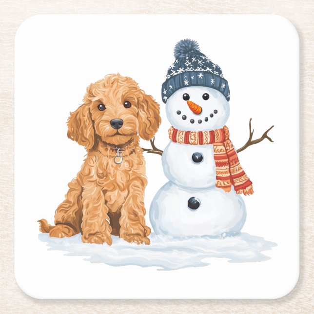Posavasos Cuadrado De Papel Winter Goldendoodle Dog Cute Snowman (Anverso)