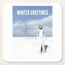 Posavasos Cuadrado De Papel Winter Greetings. Female elf walking in the snow 