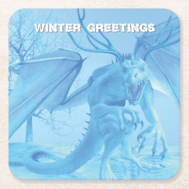 Posavasos Cuadrado De Papel Winter Greetings. Ice dragon with antlers