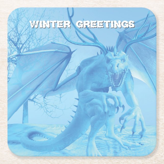 Posavasos Cuadrado De Papel Winter Greetings. Ice dragon with antlers (Anverso)