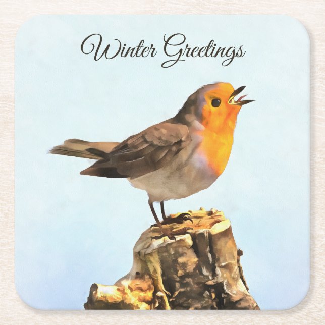 Posavasos Cuadrado De Papel Winter Greetings. Robin singing  (Anverso)